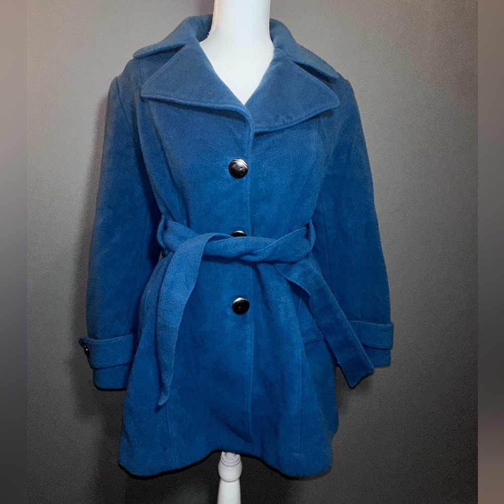 Anne Klein 100% Wool Belted Peacoat Blue Heavy Warm Coat Size 6 Extra Buttons
